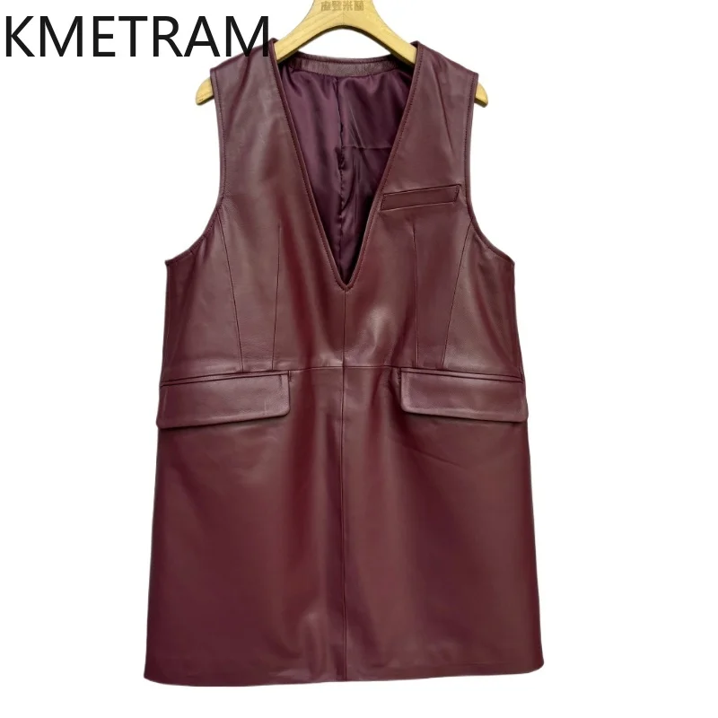KMETRAM Gaun Kulit Domba Asli 100% Wanita Kerah V Gaun Tanpa Lengan Kulit Asli Baru dalam Kategori Pakaian Luar Musim Gugur 2025 Овчина