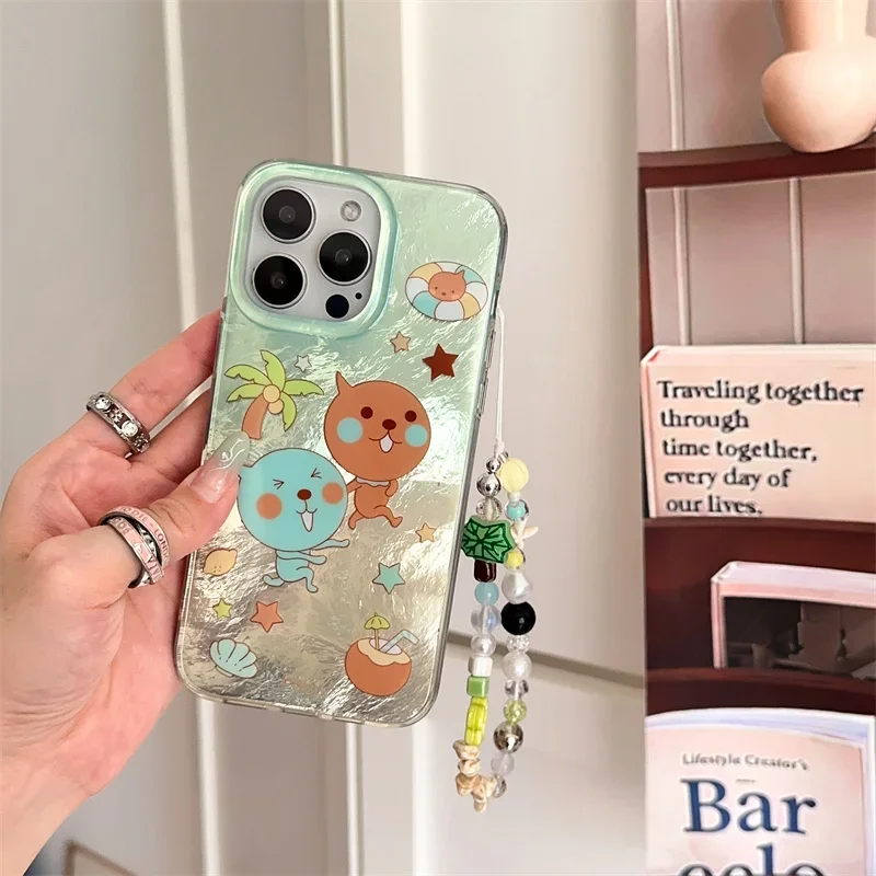 

Korea Cute Funny Queer coconut trees Phone Case For iPhone 15 Pro 12 14 13 Pro Max Cartoon chain Cover Shockproof 14pro Girl