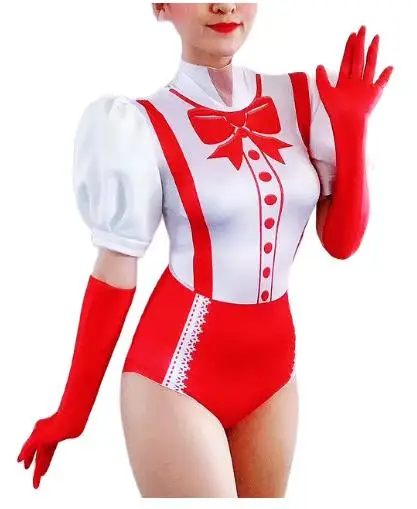 Sexy Personality White Red Big Bow Printed Bodysuits Role-Playing Teacher Costume Skinny Singer Dancer Leotard Stage Wear Outfit