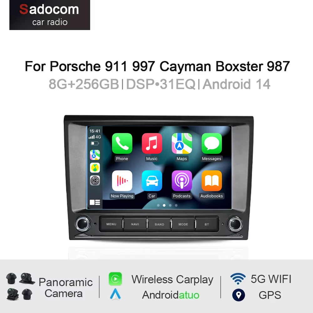 Schwarzer Caplay DSP 9' Android 14 Auto-DVD-Player 8GB + 256GB 8-Kern Autoradio für Porsche Cayman Boxster 911 987 997