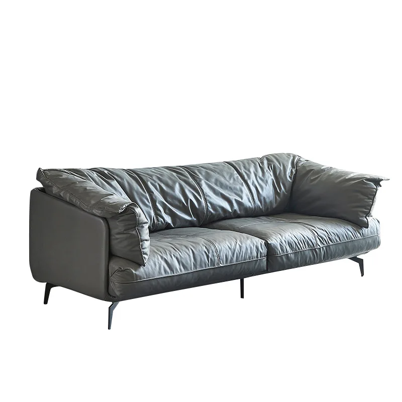 

Three-person Italian minimalist leather sofa straight row small apartment