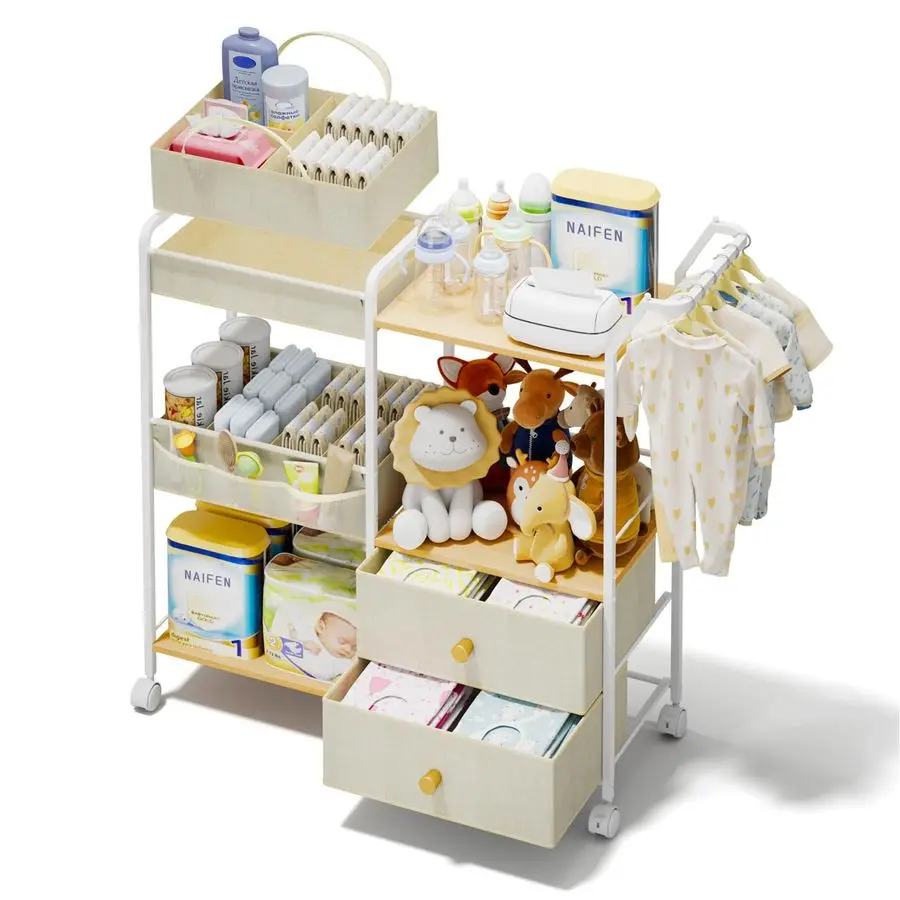 

Diaper Caddy Organizer with Hanging Rack 3 Tier Rolling Baby Storage Cart with Drawers and Side Pockets for Newborn Diaper Organ