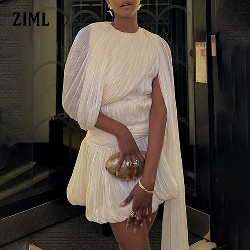 

ZIML Elegant Spliced Folds Mini Dress for Women Round Neck Short Sleeves High Waist Chic Design Sense Dresses Female Summer New