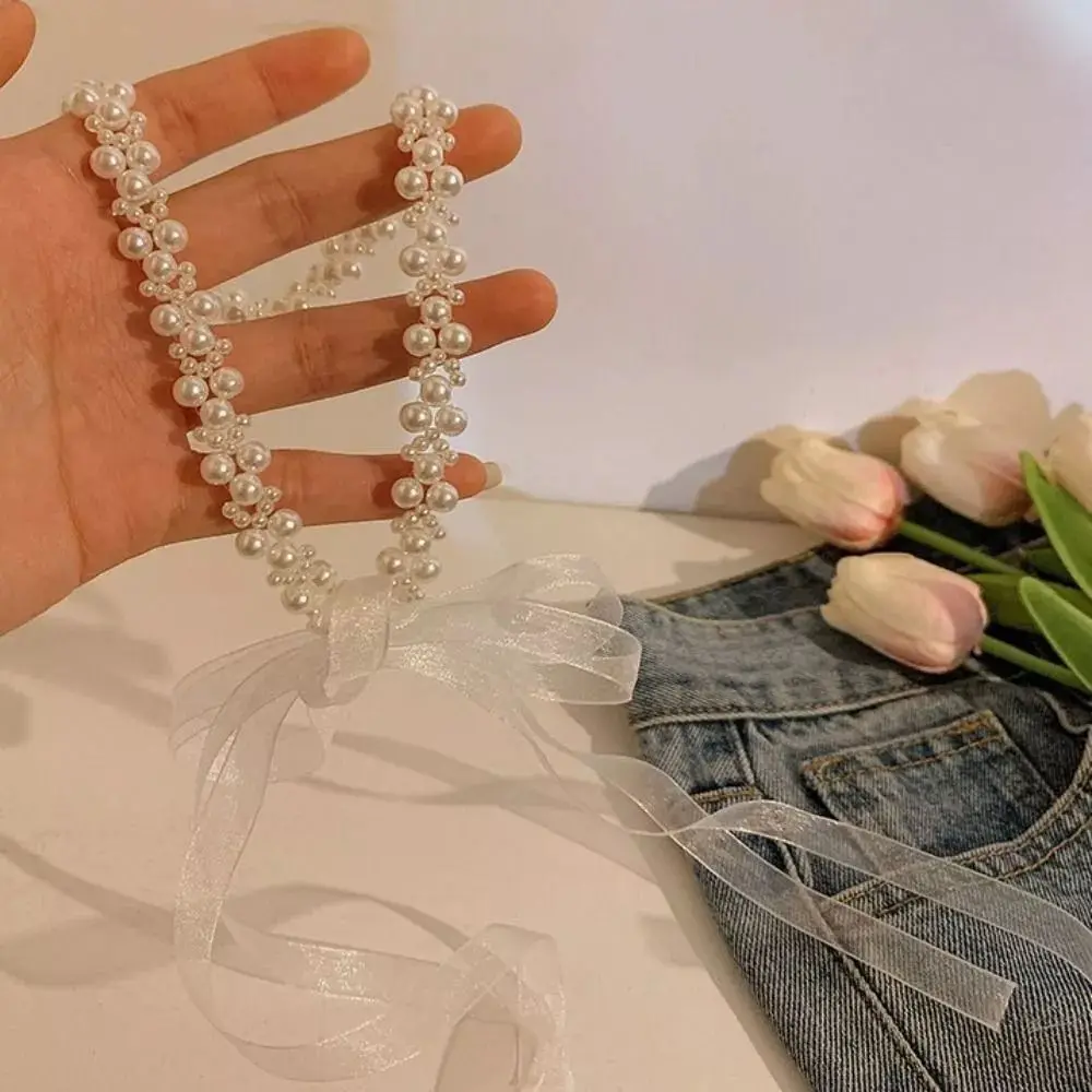 Diadema trenzada de plástico con cadena para el pelo, accesorios para el cabello, diadema de encaje con perlas, color blanco
