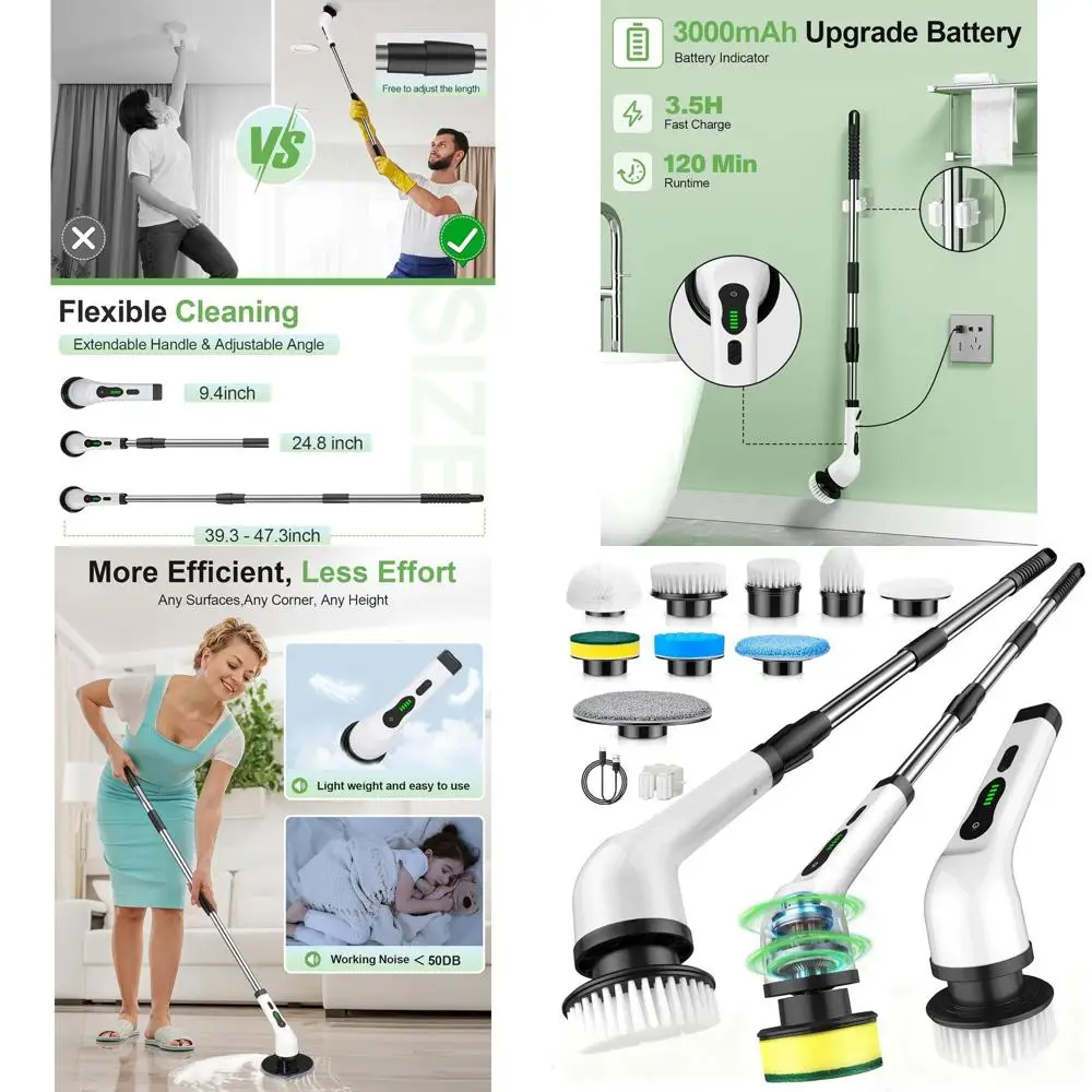 

Беспроводной вращающийся скруббер с водонепроницаемостью IPX7, регулируемой ручкой, 9-головочный полировщик для пола для чистки ванной комнаты и автомобиля