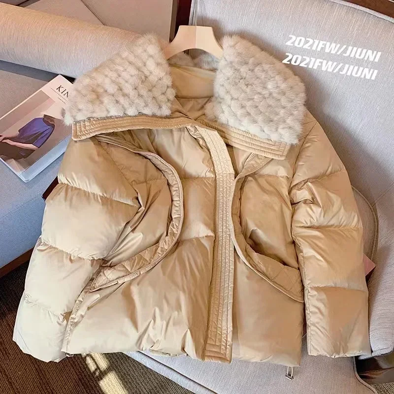 Chaqueta de plumón con solapa de felpa para mujer, abrigo holgado, cálido y acogedor, acolchado de algodón, para invierno, 2024