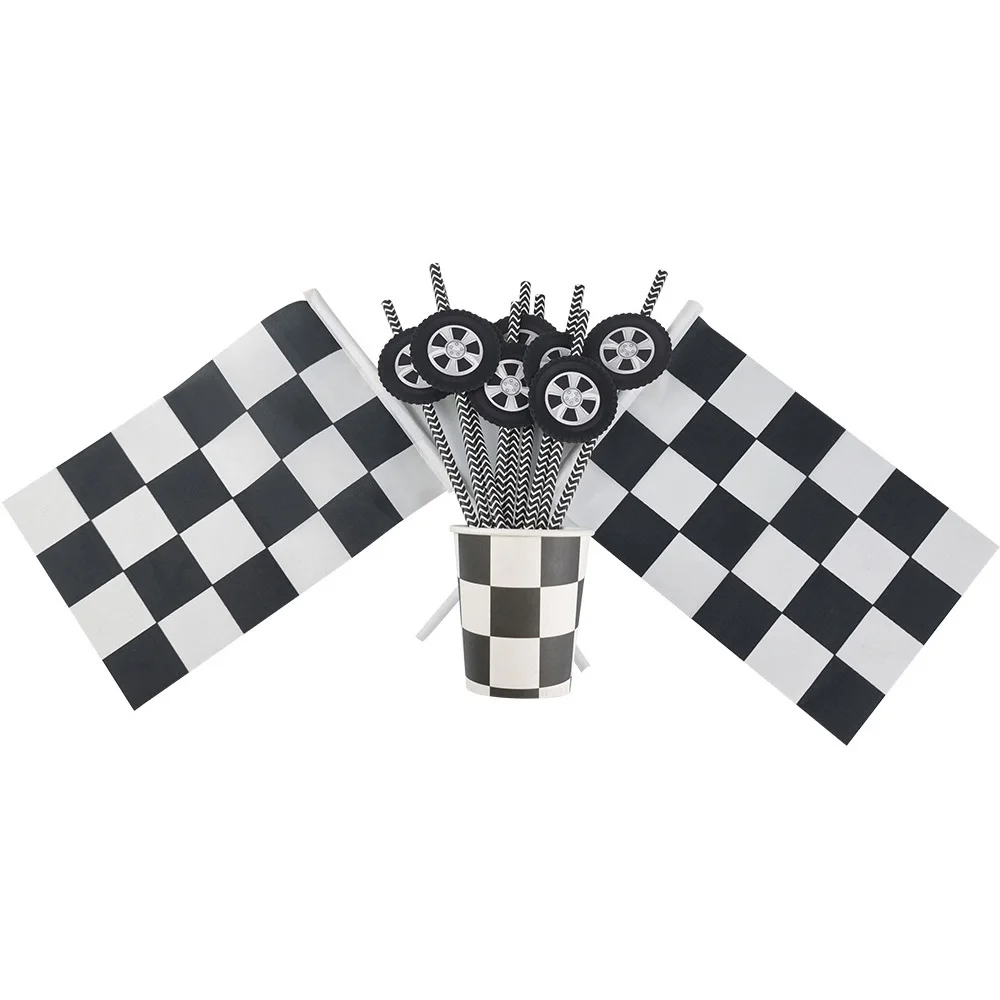 20/40pcs Wheel Tire Racing Paper Straws Checkered Disposable Drinking Straw Kids Baby Shower Birthday Party Decoration Supplies