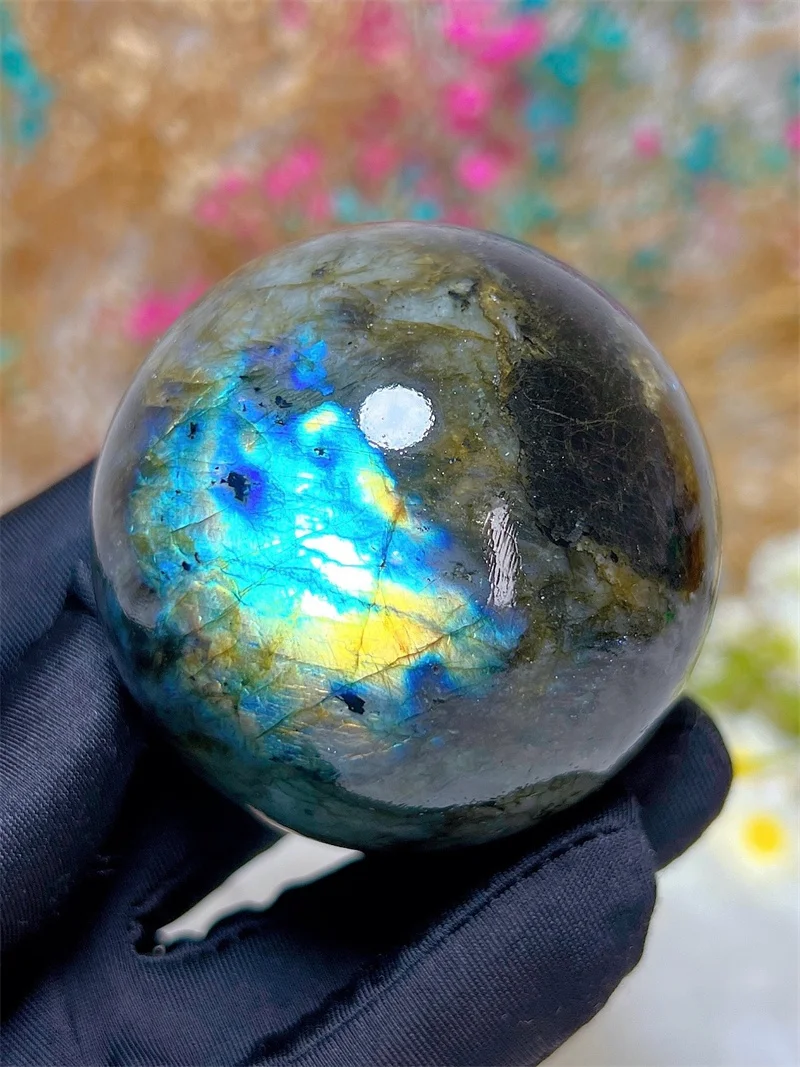 Natura Crystal Blue Labradorite SPhere With Rain Bow Free Form  Carving Reiki Healing Stone Home Decoration Exquisite Gift