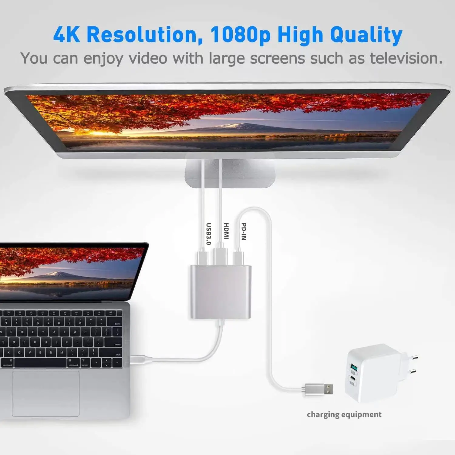 محول USB C إلى HDMI محول USB من النوع C محول AV متعدد المنافذ مع منفذ C مخرج HDMI 4K ومنفذ شحن سريع 3.0