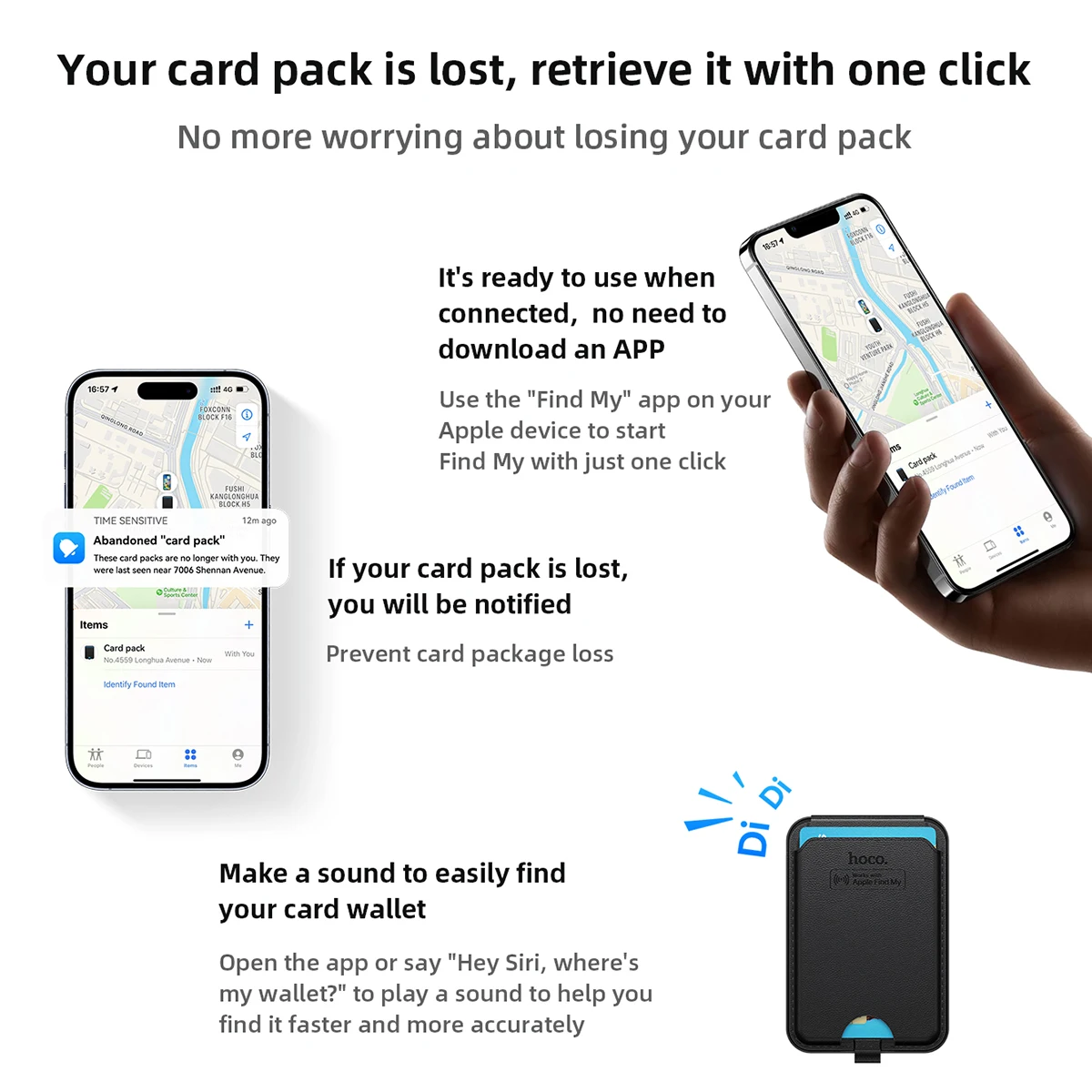 Soporte magnético para tarjetas de identificación HOCO E91I con dispositivo antipérdida inteligente, soporte para teléfono, localizador recargable, rastreadores para IOS Find My Network