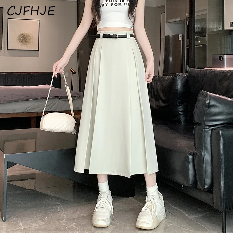 

CJFHJE New Women's Solid Color High Waisted Mid Length Pleated Skirt Korean Fashion Women Loose Fitting Suit Half A-line Skirt