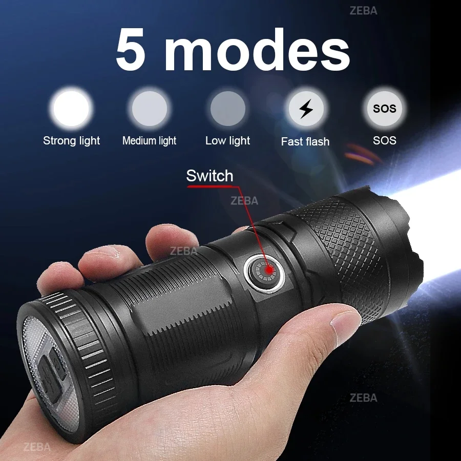 36000000LM High Brightness LED Flashlight Most Powerful ABS Torch Light Rechargeable Zoom Portable Lamp With COB Camping Light