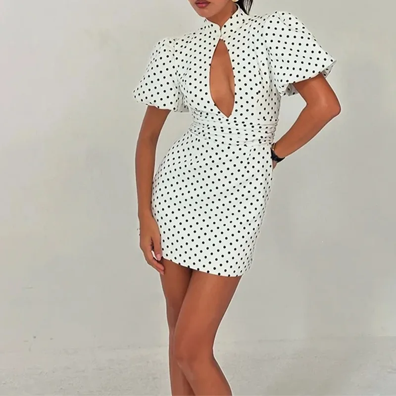 Elegant Stand Collar Hollow Polka Dot Dress Spring Summer Women Fashion Floral Dresses Tops Blouse