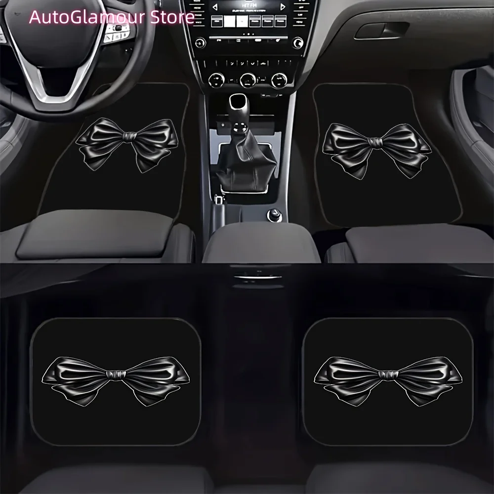 Set of Four Black Ribbon Bow Patterned Car Floor Mats, Designed for Universal Fit with Anti-Slip Protection And Dust Resistance