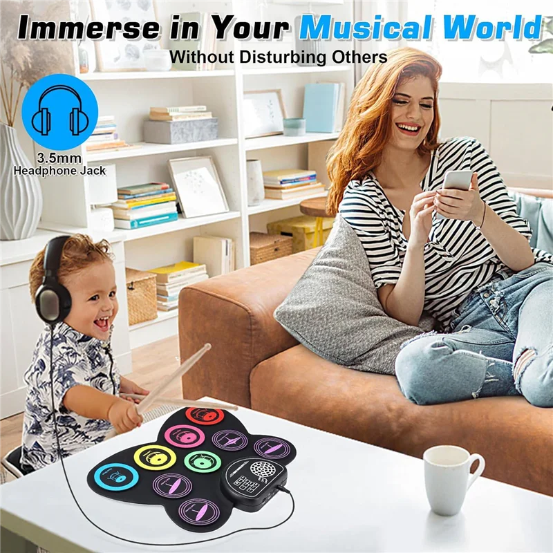 

ABLB-Hand Roll Drum Set,9 Drum Pad With Headphone Jack,Electronic Drum Kit Built-In Speaker Drum Pedals Sticks,Gifts For Kids Du