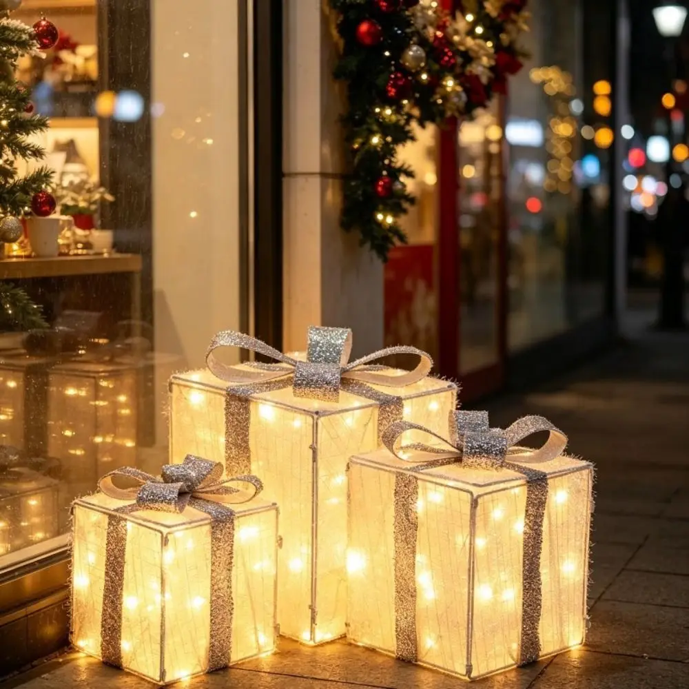 Set of 3 LED Lighted Christmas Gift Boxes Premium Lightweight Material Easy to Set Up Christmas Ornaments Stackable Design