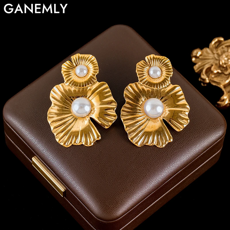 GANEMLY 2025 New Fashion Stainless Steel Metal Exaggerated Large Leaf Pearl Earrings For Women Elegant Earrings Jewelry Gifts