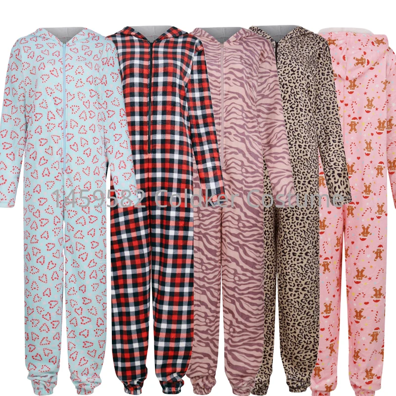 Women\'s Leopard Flannel Thickened Christmas Jumpsuit Autumn Winter Hooded Zipper Long Sleeve Casual Loose Pajamas Sleepwear