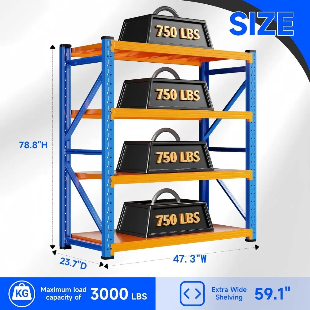 Heavy‑Duty Metal Garage Shelving Unit, 3000 LBS Total Load Capacity, Custom