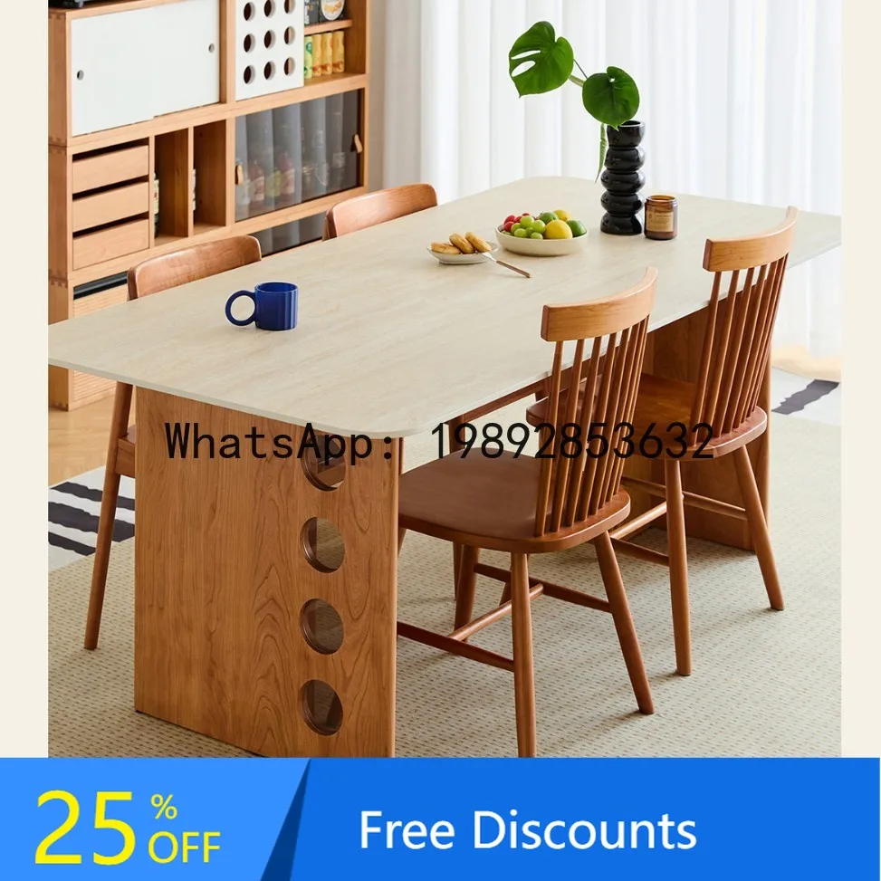 

LYY Nordic Vintage Style Sintered Stone Dining Table for Home Use Small Apartment Cherry Wood