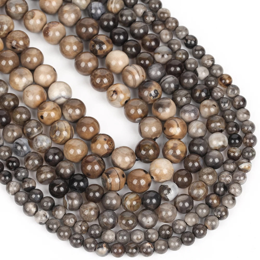 Natursteinperlen 6-10mm Grau-Brauner Feuerachat Runde Lose Abstandsperlen für Schmuckherstellung DIY Armbänder Ohrring-Zubehör