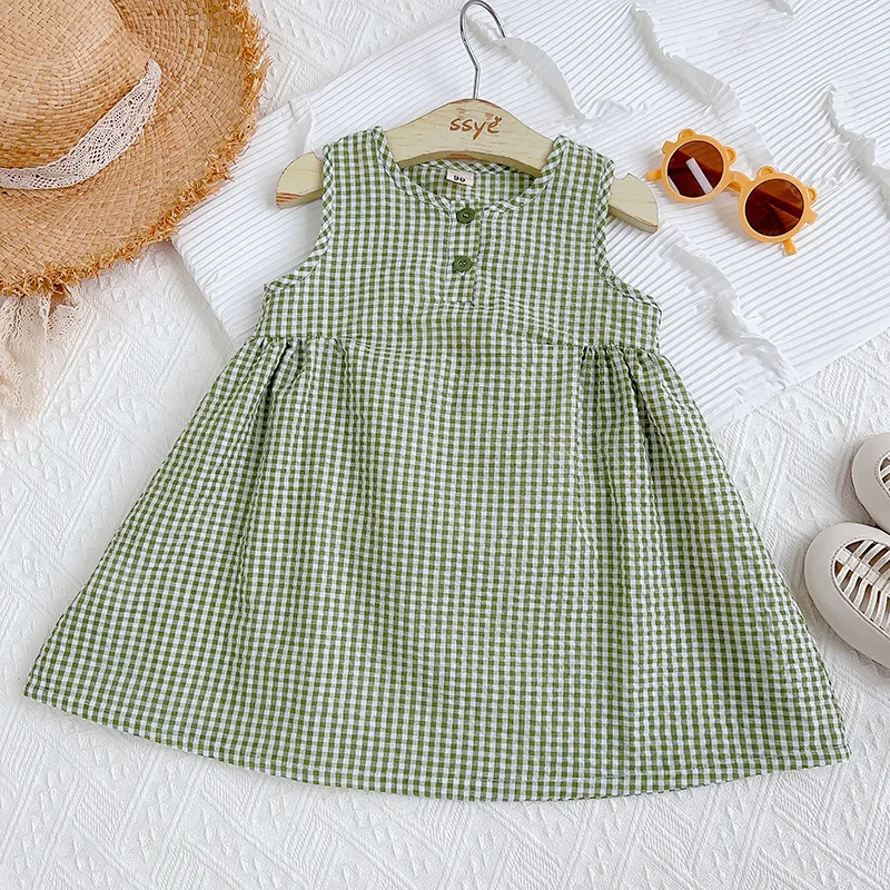 

2024 Summer New Girls Pullovers Crew Neck Button Checkered Casual Sleeveless Fashionable Lovely Sweet Vacation Loose Dresses