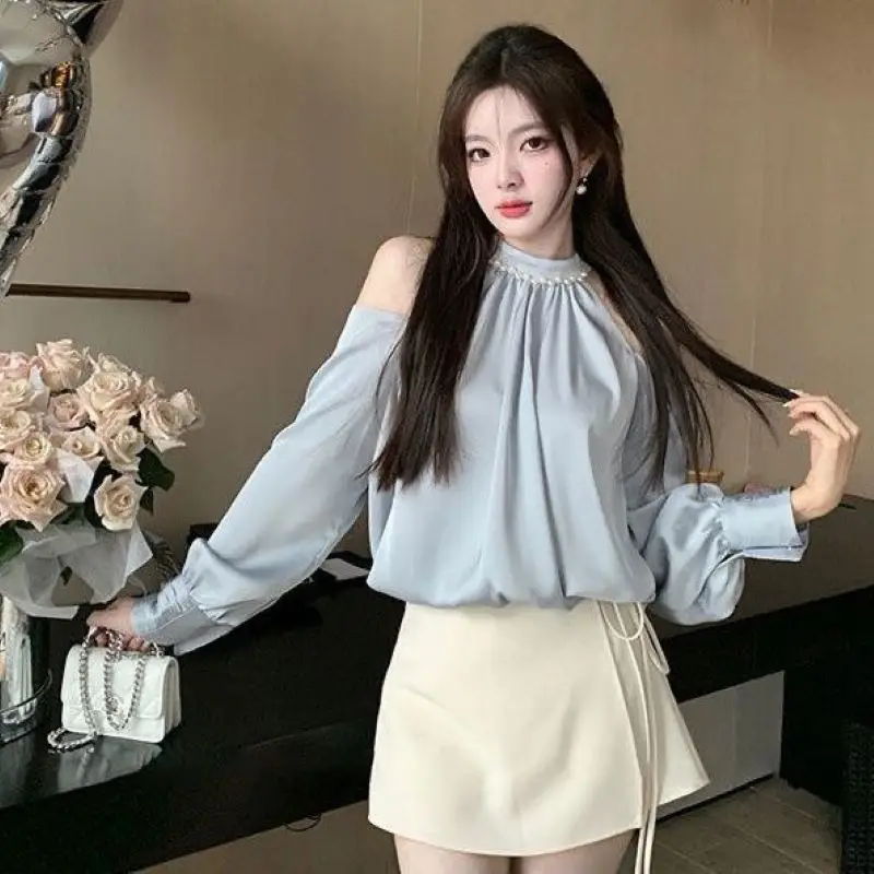 Spring Sweet Blouses For Women O-neck Long Sleeve Off Shoulder Tops Temperament Fashion Female Shirts Korean  Ladies Clothes