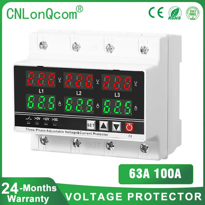 CNLonQcom 3 Phase 63A 100A Adjustable Over and Under Voltage Protector Voltmeter  Monitor current limit protection Din Rail