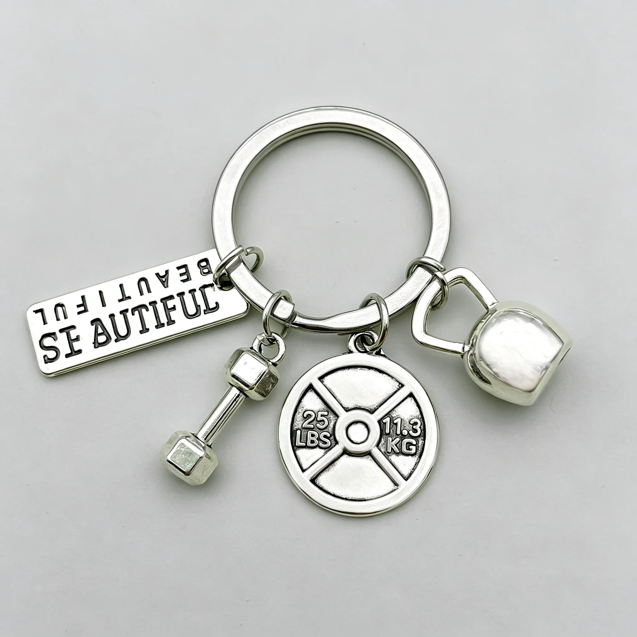 Fitness-Schlüsselanhänger, Metall-Gewichtsscheibe, Kettlebell, Hantel-Anhänger, inspirierender Buchstabenanhänger, Geschenk für Fitnessliebhaber, Schlüsselring für Auto, Tasche, Sport – Detail 6