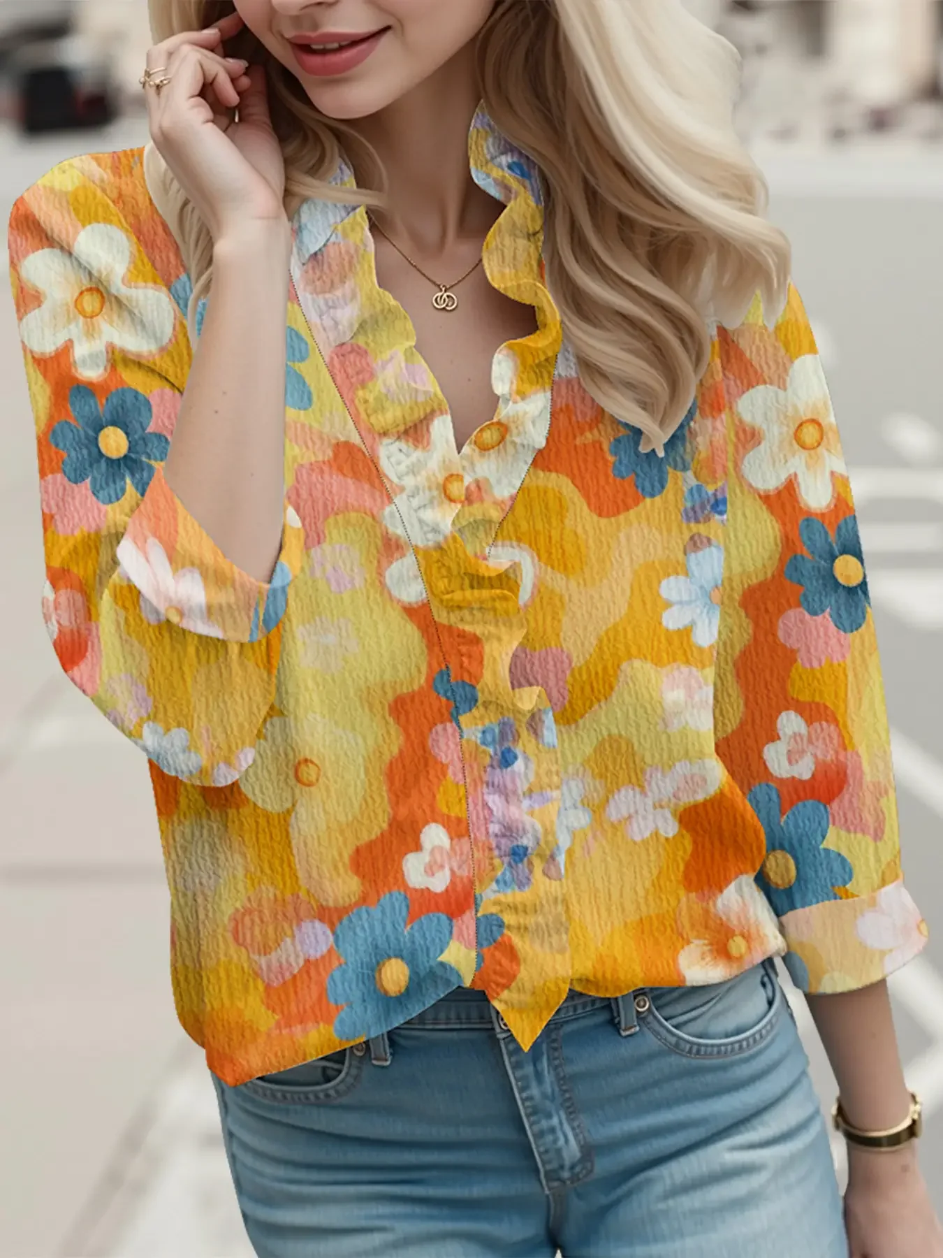 Autumn new V-neck casual top, women's long sleeved lace shirt, Lace trim - wrinkle resistant short sleeved shirt