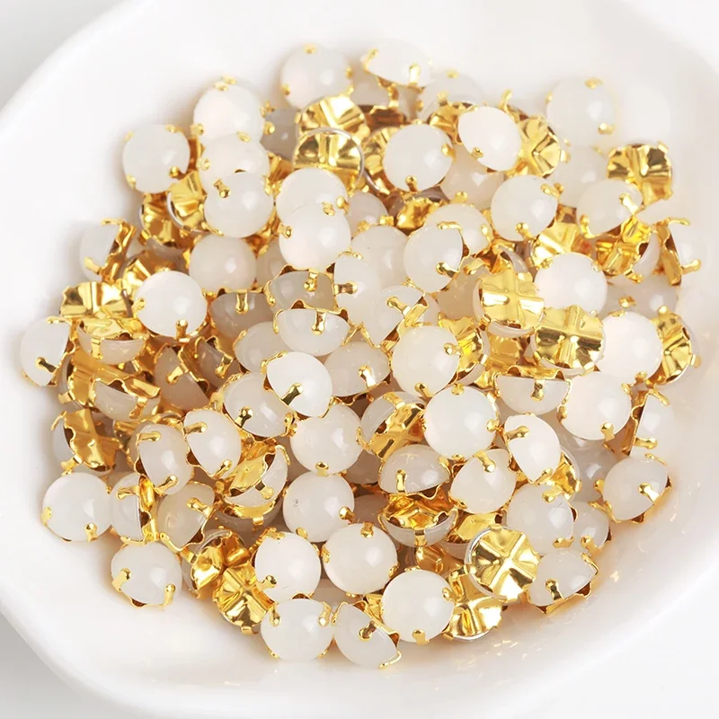 New!Mix Jelly Color Round Sewing Pearl Beads Flat back Gold Base Sew On Rhinestone Pearl For DIY Clothing Wedding Decoration