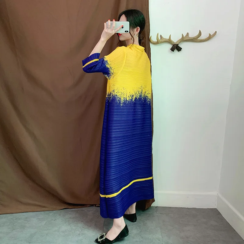 Miyake Pleated Maxi Dress for Women 2024 New Color Block Printed O-Neck Long Sleeves Loose Dresses Female Clothing Summer