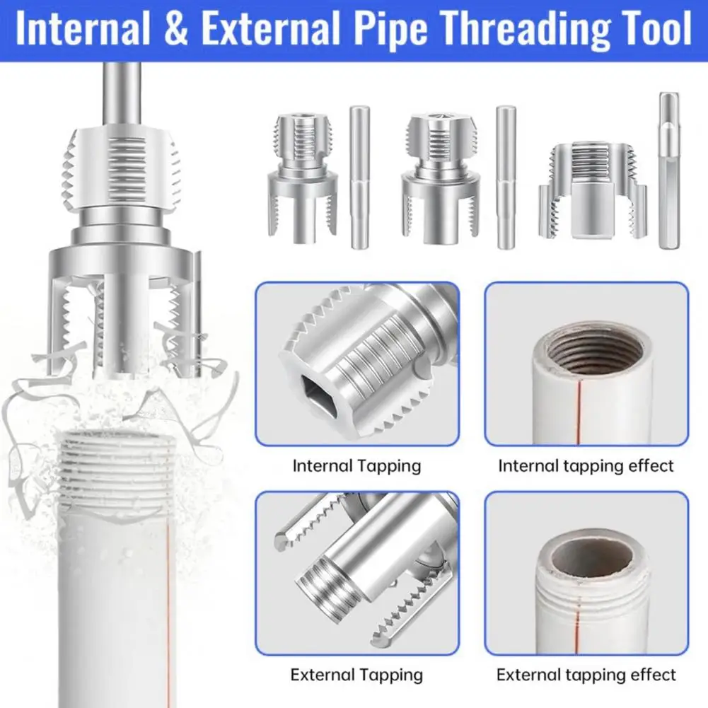 Internal External Pipe Threader Water Pipe Opener Tool Set Heat-treated Alloy Steel Pipe Threader with 3 Head Caps for Power