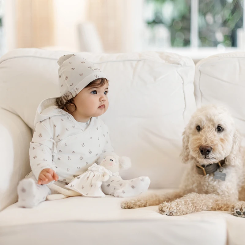 Ali Layette SS26 Printed Flowers Family Set Matching Sis And Bro Rompers Pink and Blue flower muslin blanket and Bib