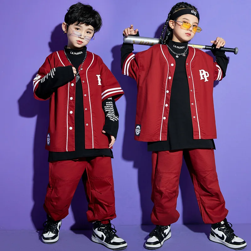 Kids Ballroom Hip Hop Dance Costumes Burgundy Shirt Cargo Pant Black Base Layers Girls Streetwear Boys Jazz Dance Rave Clothes