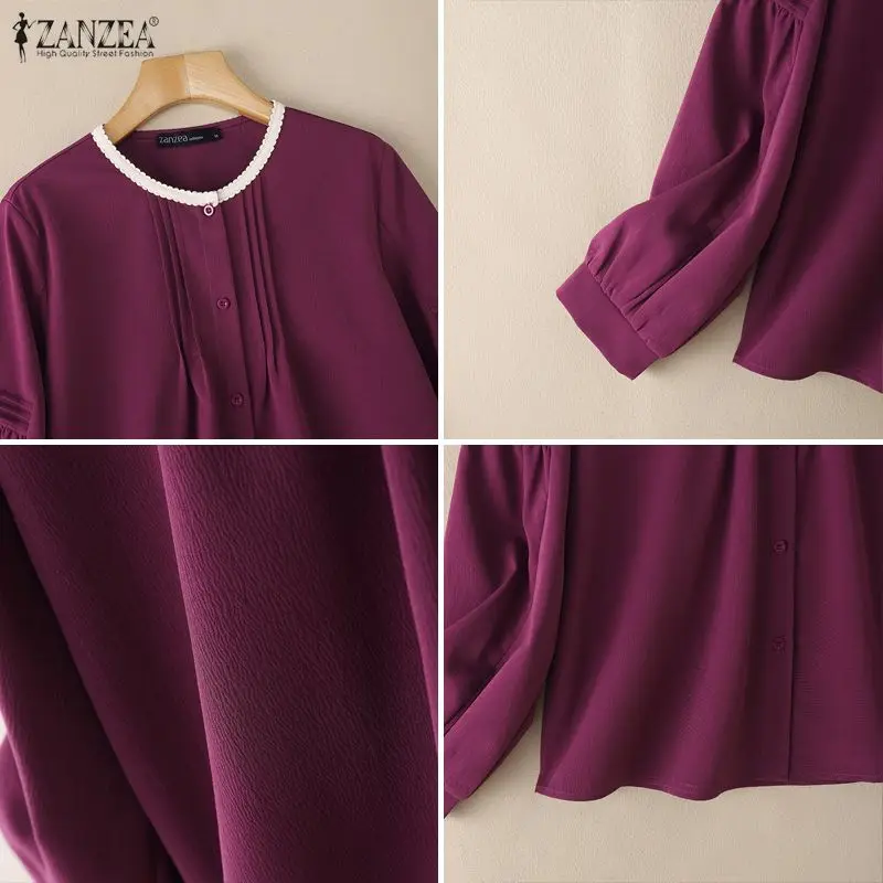 

ZANZEA Stylish Women Patchwork Work Blouse 2026 Spring Elegant Shirts Casual O Neck Long Sleeve Tops Female Buttons Up Shirts