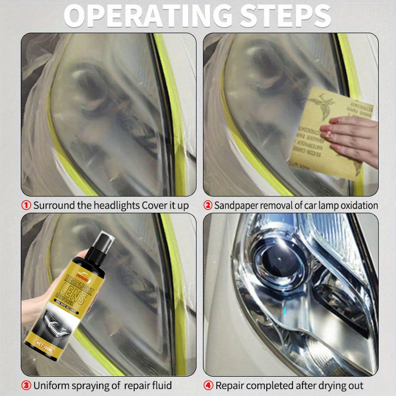 100ml Car Headlight Repair Kit, Crystal Clear Coating, Car Headlight Stain Removal Spray, Enhances Brightness, Repairs Scratches and Prevents Yellowing, Uv Protection, Durable Pe Material