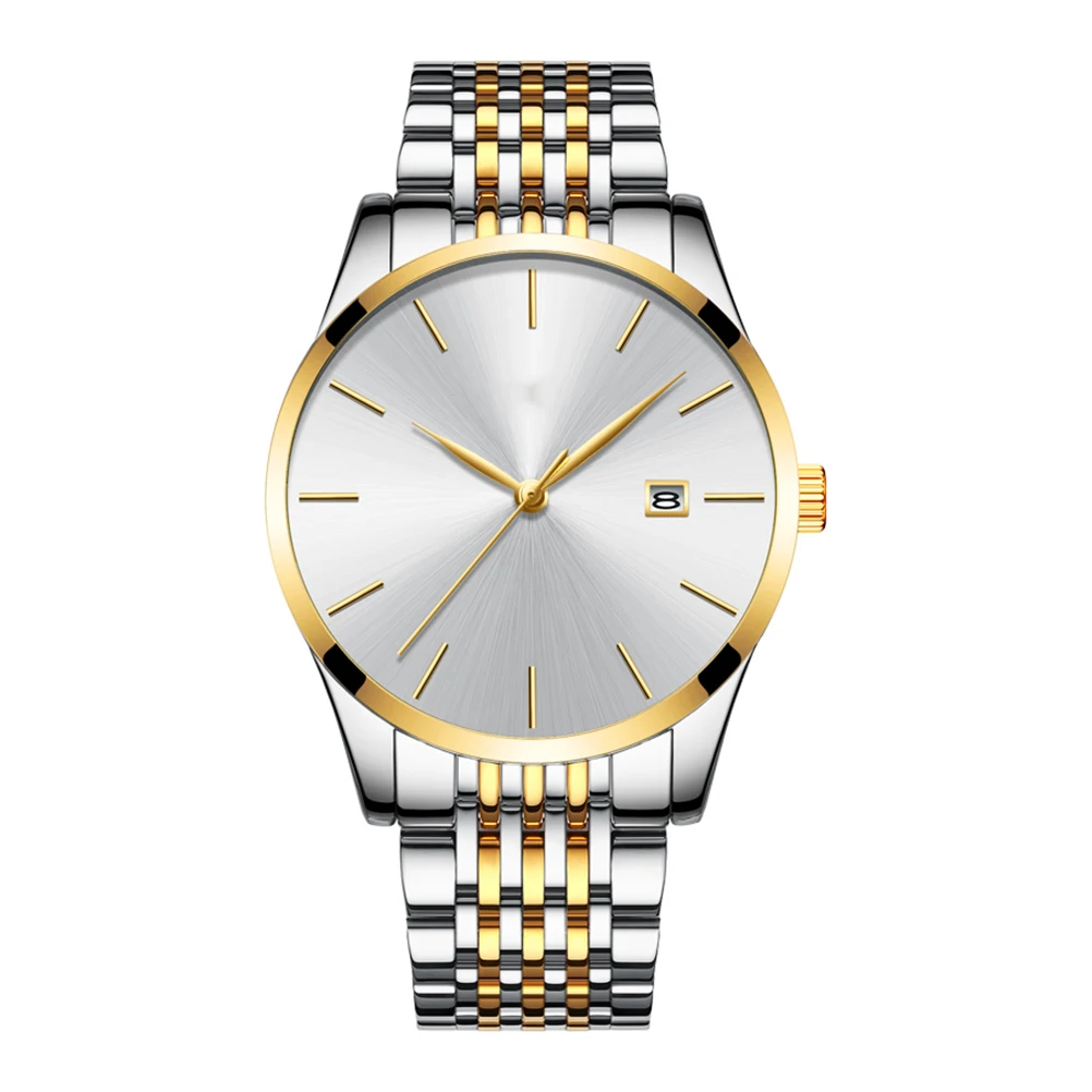 

Luxury Men's Quartz Watch Steel Strap Business Waterproof Calendar Display Fashion Wristwatch Accurate Timekeeping White Gold