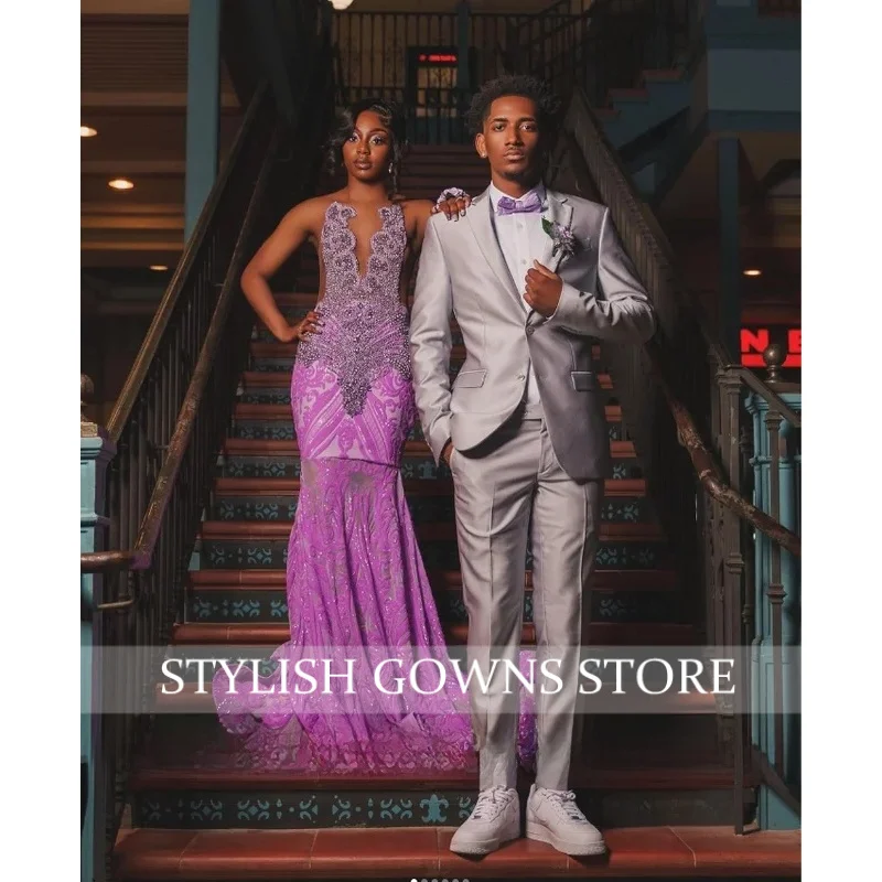 Luxury Purple Dazzle Applique Prom Dress Sparkling Crystal Beaded Black Girl Celebrity Dress robe de soirée luxe élégante Custom