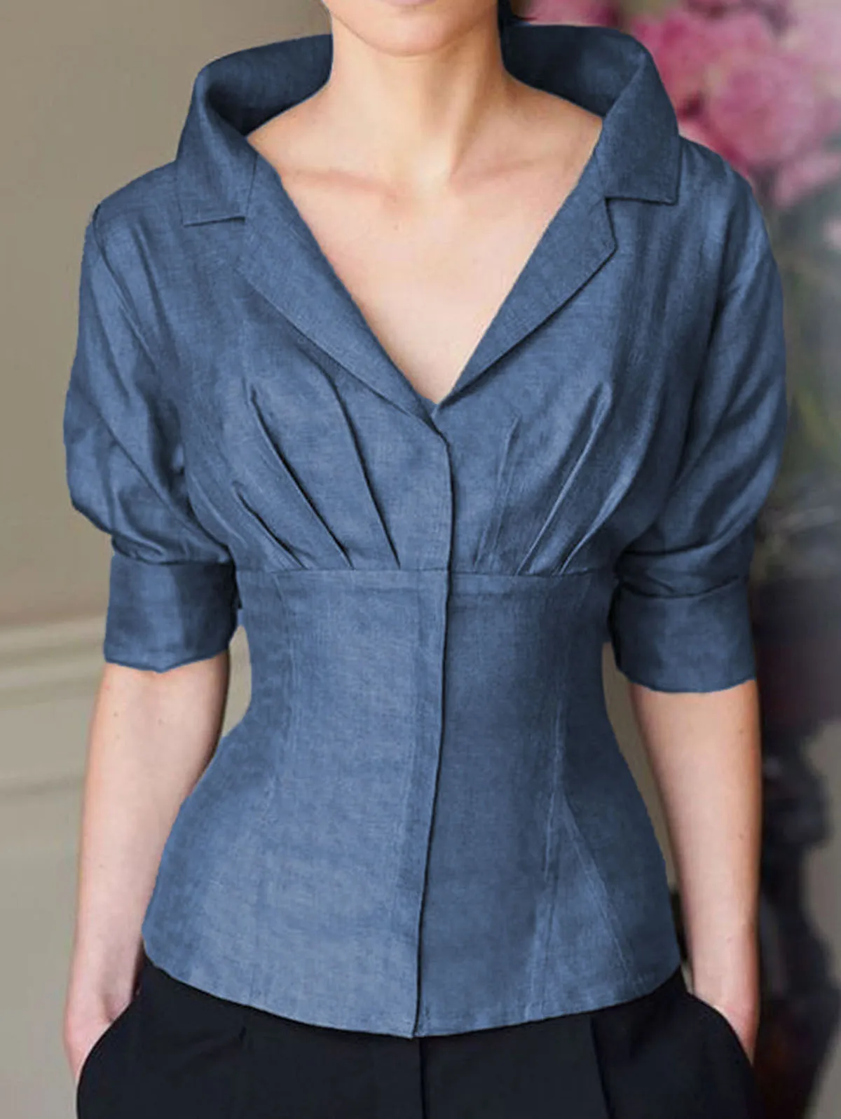 

Summer Elegant Shirts for Women Puffy Sleeve Lapel Collar Top Lady Blouse Half Sleeve Cinch Waist Pleated Design Women Clothes