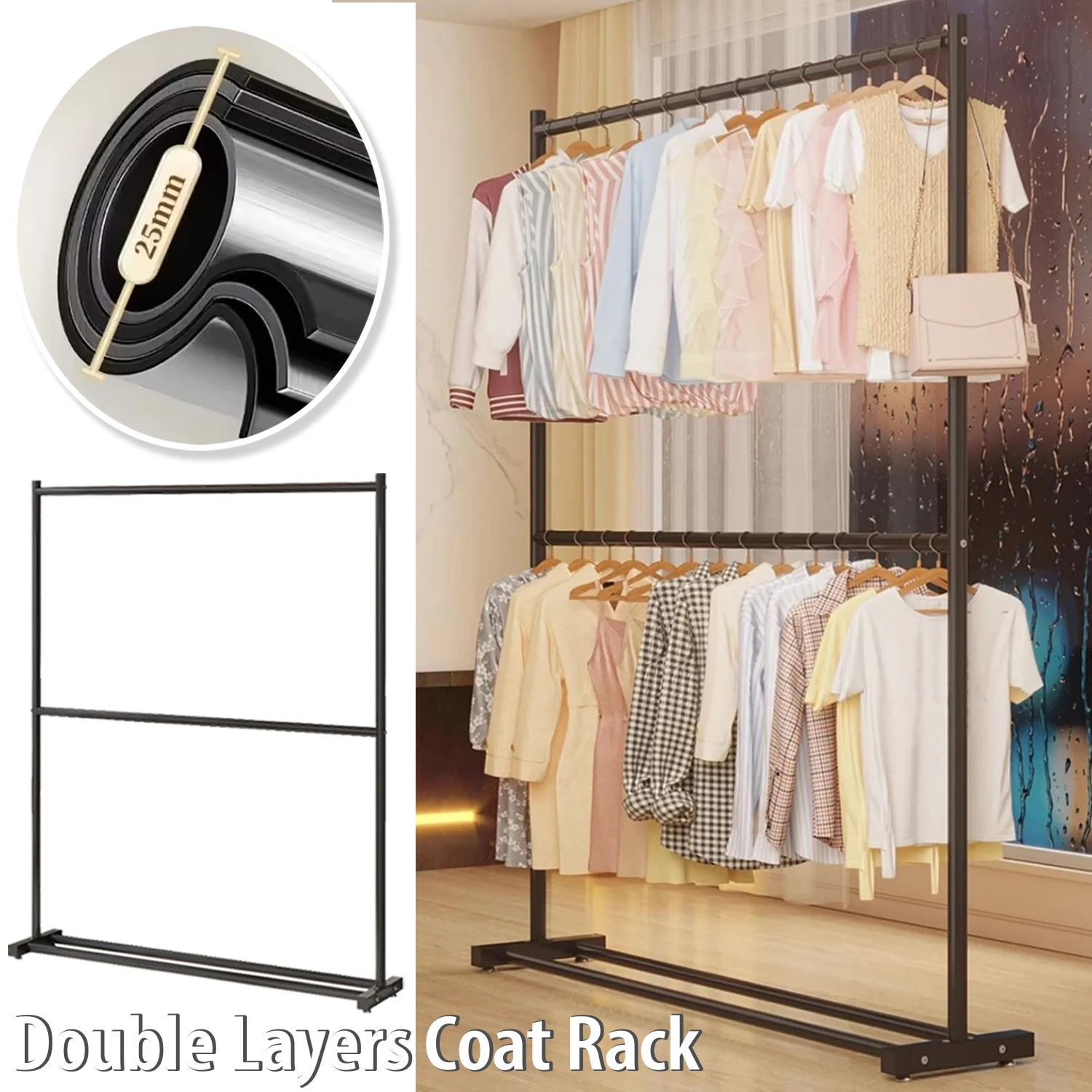Floor Standing Clothes Hanger Multifunctional Heavy Duty Double Layers Clothes Racks for Home Bedroom Balcony Corridor Supplies