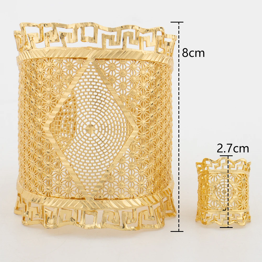 Hohles Modisches Goldfarbenes Manschettenarmband, Ring, Kupferlegierung, Vergoldeter Schmuckset, Armreif für Damen, Täglicher Gebrauch, Party, Hochzeitsgeschenke – Detail 6