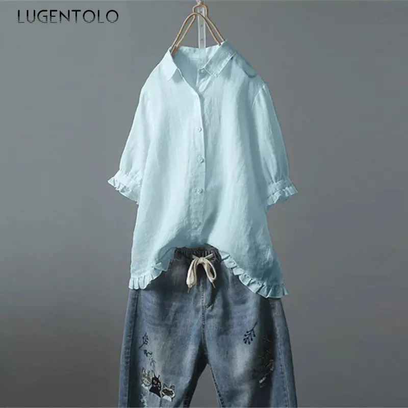 

Lugentolo Women Casual Versatile Shirts Single-breasted Short Ruffle Sleeves Solid Top Summer Lady Simple Harajuku Linen Shirt