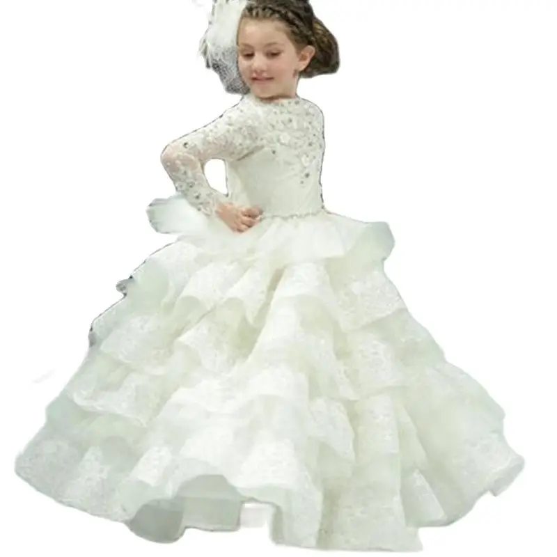 Weiß Prinzessin Mädchen Pageant Kleider Lange Ärmeln Spitze Tiered Blumen Mädchen Kleider Für Hochzeit Baby Mädchen Geburtstag Party Kleid Cust