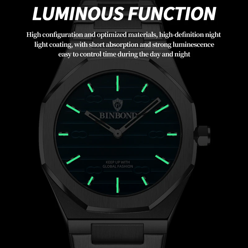 BINBOND Men Watch Light Luxury Brand Stainless Steel Men\'s octagon Waterproof Male Business Leisure Fashion Quartz Clock Watches