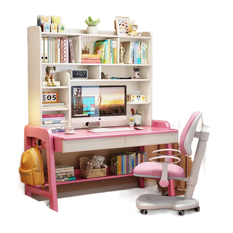 Solid wood primary and secondary school students desk bookshelf integrated, home study, desktop desk