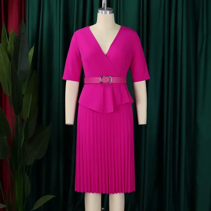 

2025 NEW Fashion Temperament Tongle Women's Dress V-neck Pleated Fake Two-piece Splicing Half Sleeve Slim Fit Pleated Dress