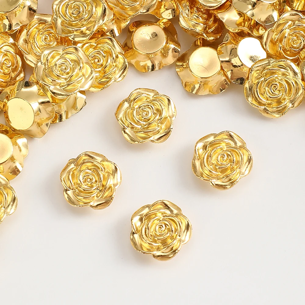 30pcs 12mm Golden Color Rose Flowers Resin Flat Back Beads for DIY Jewelry,Wedding, Scrapbooking,Nail Art,Headdress,Headdress De