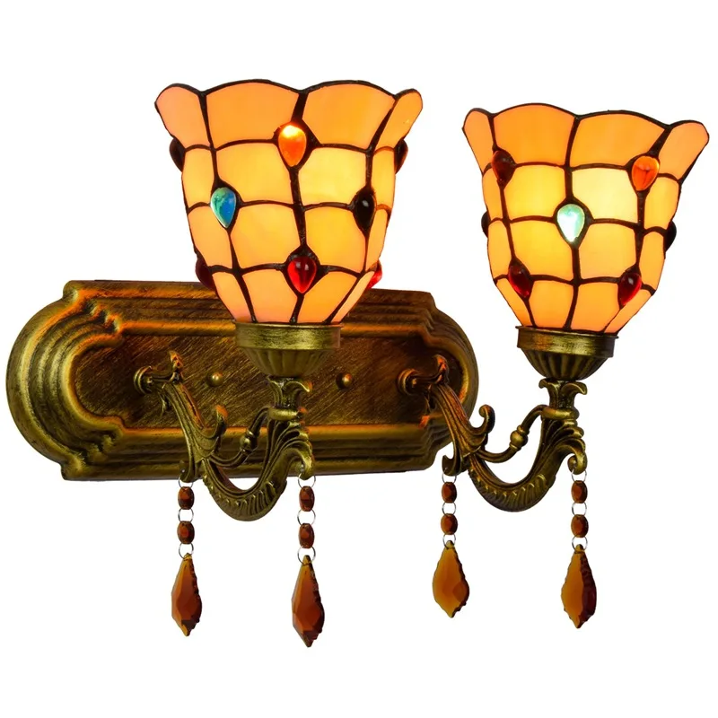Tiffany bedroom bedside wall lamp stained glass warm yellow beads vintage home décor hotel double head crystal lamp