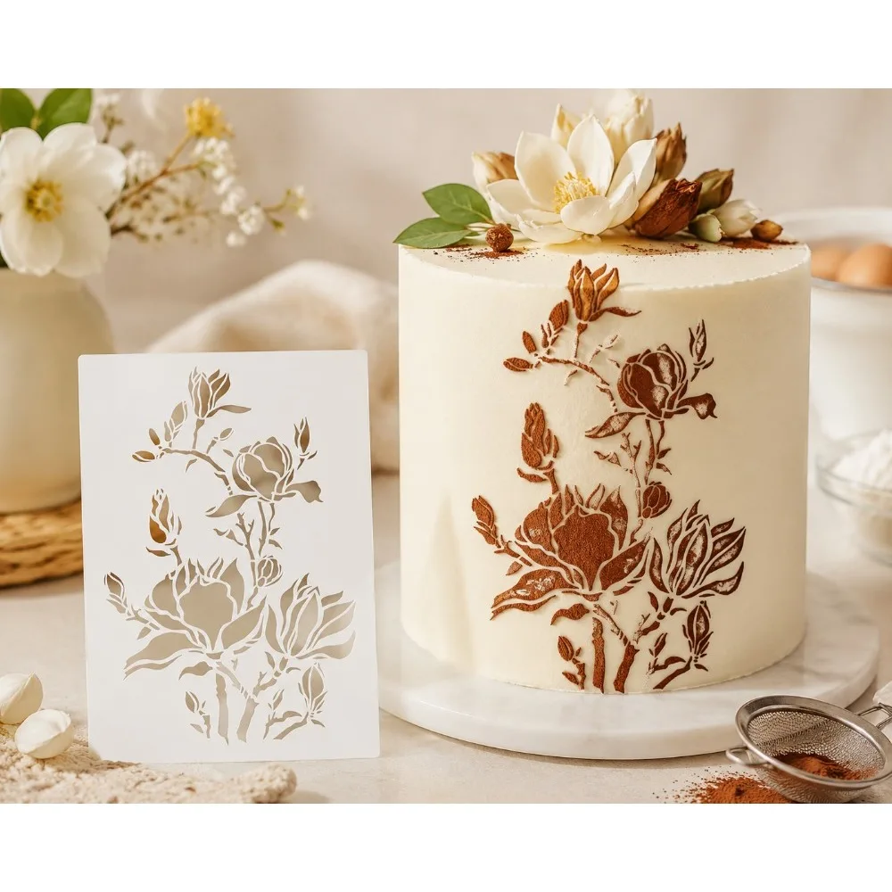 Vintage Magnolia Flower Cake Stencil, Food‑Safe PET Reusable Hollow‑Out Template, Baking & DIY Handcraft Decor Tool